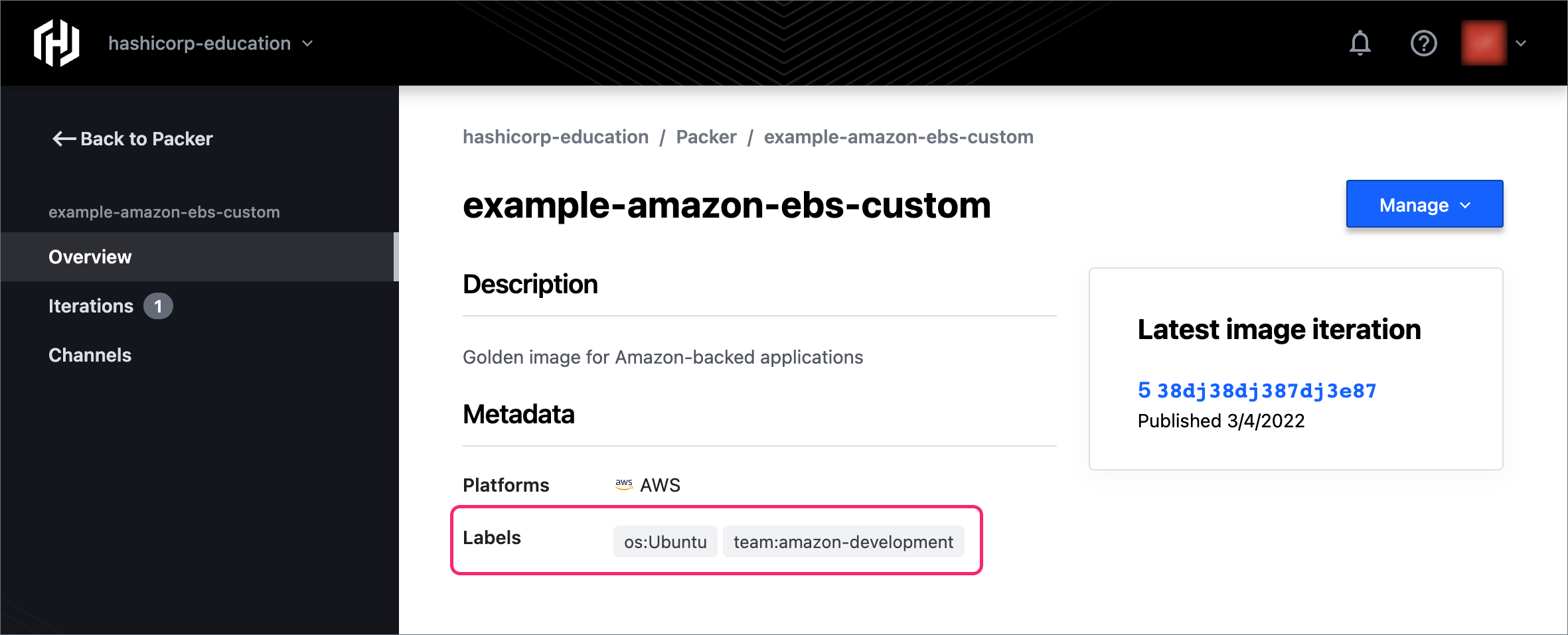 Iteration details page on HCP Packer registry showing an image bucket with custom description and labels