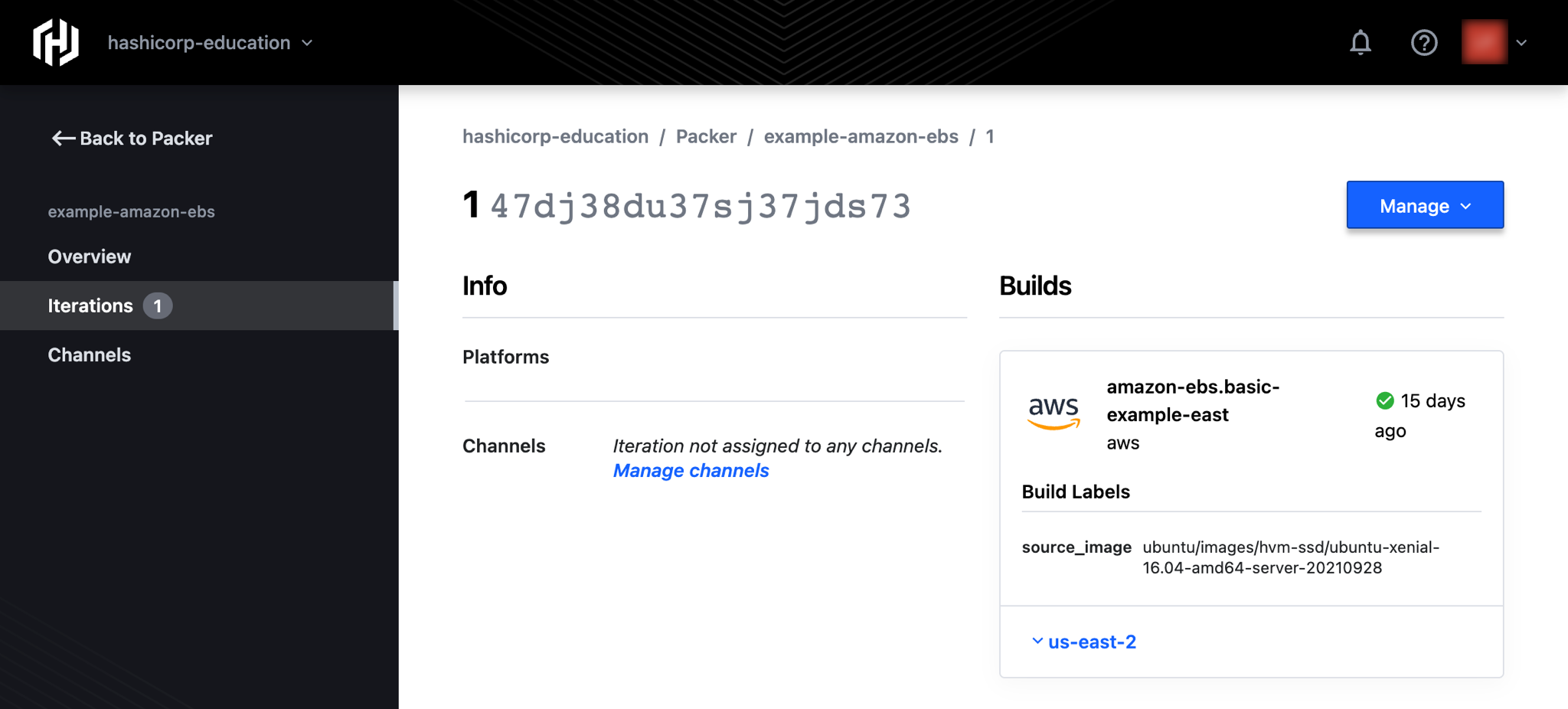 Iteration details page on HCP Packer registry showing a completed template build with a basic configuration